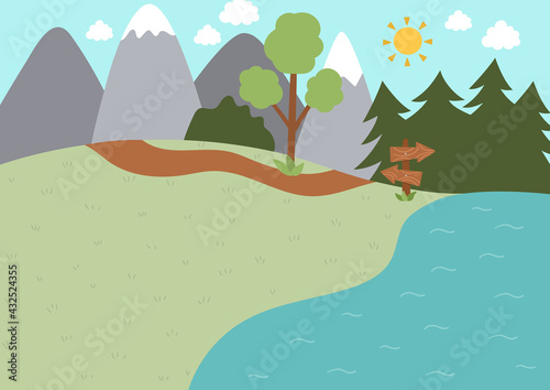 Summer camp background. Nature empty landscape with mountains, tree, path, forest, lake and wooden direction sign. Vector woodland scene. Active holidays or local tourism plan .