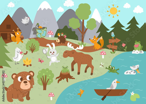 Summer camp background with cute forest animals. Vector woodland scene with rabbit, birds, moose, trees, mountains, river. Active holidays or local tourism plan design for postcards, ads, print.