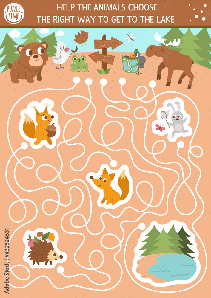 Fototapeta premium Summer camp maze for children. Active holidays preschool printable activity. Family nature trip labyrinth game or puzzle with cute hiking animals going to the lake and forest.