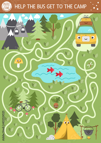 Summer camp maze for children. Active holidays preschool printable activity. Family nature trip labyrinth game or puzzle with cute kawaii bus going to the camp, mountains and forest.