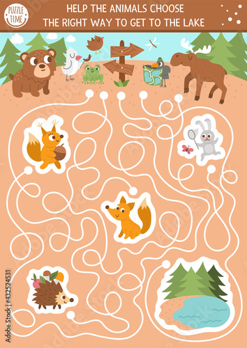 Summer camp maze for children. Active holidays preschool printable activity. Family nature trip labyrinth game or puzzle with cute hiking animals going to the lake and forest.