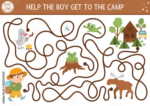 Summer camp maze for children. Active holidays preschool printable activity. Family nature trip labyrinth game or puzzle with cute hiking kid and forest animals. Help the boy get to the camp.