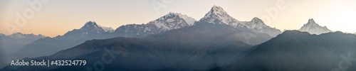 Panorama sunrise on Poonhill beautiful mountain view of the Annapurna range.