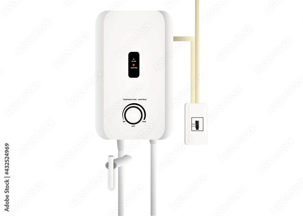 White instant water heater installed with circuit breaker isolated on white background with free copy space. Safety first concept. White instant water heater installed with circuit breaker isolated on white background with free copy space. Safety first concept.