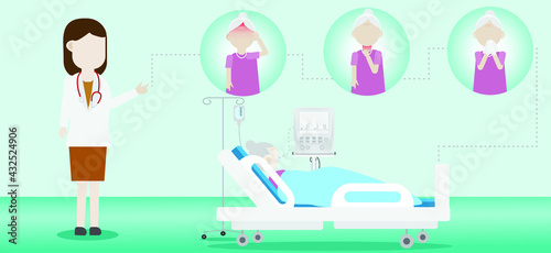 Illustration of doctor and elderly woman have a symptoms of a viral infection lying on bed in icu. A sick elderly coughs and sneezes, Headache,sore throat, runny nose, fever. Coronavirus COVID-19.