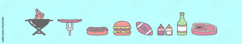 set of tailgates party cartoon icon design template with various models. vector illustration isolated on blue background set of tailgates party cartoon icon design template with various models. vector illustration isolated on blue background