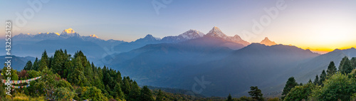 Panorama sunrise on Poonhill beautiful mountain view of the Annapurna range.