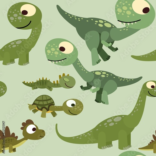 Little cubs dinosaurs. Seamless background illustration. Cheerful kind animal baby dino. Cartoons flat style. Prehistoric reptile. Funny. vector