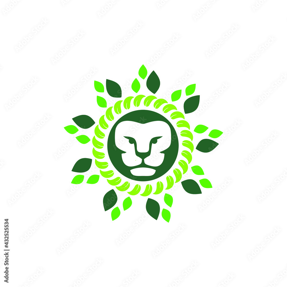 Lion head with leaf logo design vector in green color