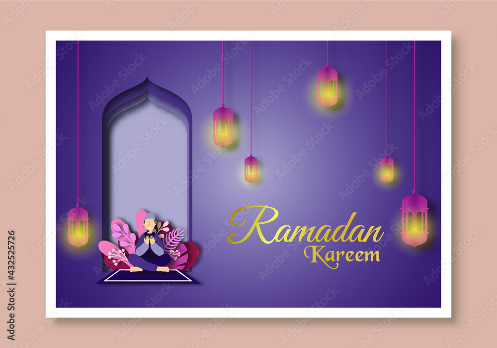 Set of two vector flat illustration ramadan kareem with cut out paper 3d style drawing man praying. Perfect for greeting card, poster, banner, flyer, social media post, feed, story, fleet.