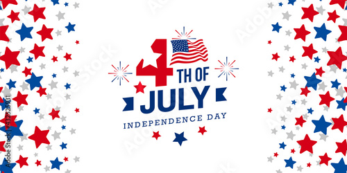 4th of July celebration USA independence day design with star, fireworks and USA national flag on red, blue and white starburst abstract background, template. Vector illustration.
