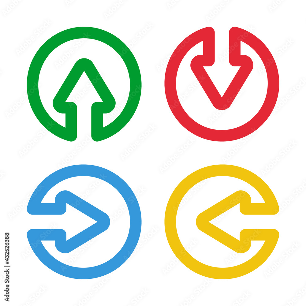 green up red down blue right yellow left arrows, round thin line vector signs green up red down blue right yellow left arrows, round thin line vector signs