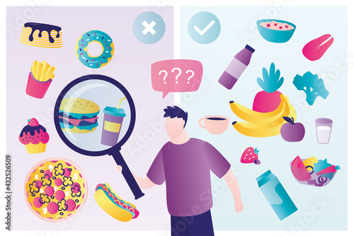 Icons of healthy food and fastfood. Handsome man chooses between healthy and unhealthy food. Different sweets and snacks. Various vegetables. Right choice.