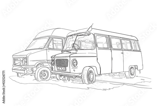 Two old rusty abandoned minibuses (buses) stand with flat tires. Vector illustration in a linear style on a white background, EPS 10. The concept of a car dump and retro cars.