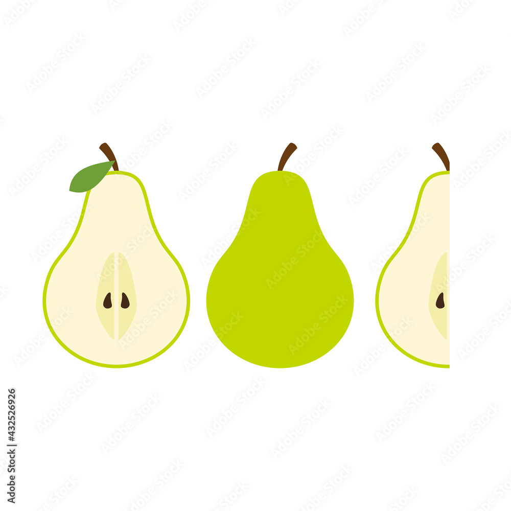 Whole, half, and cutted pear fruit. Vector pears. Cut green pear fruits, collection of vector illustrations. pear flat vector icon. Modern simple isolated sign. Natural healthy product Whole, half, and cutted pear fruit. Vector pears. Cut green pear fruits, collection of vector illustrations. pear flat vector icon. Modern simple isolated sign. Natural healthy product