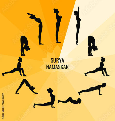 Yoga asana silhouette, sun salutation shadow yoga, vector illustration