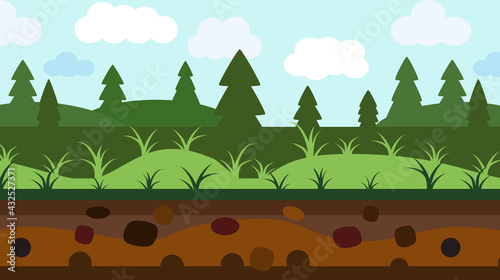 Landscape game background for 2D applications. Seamless repeating horizontal pattern