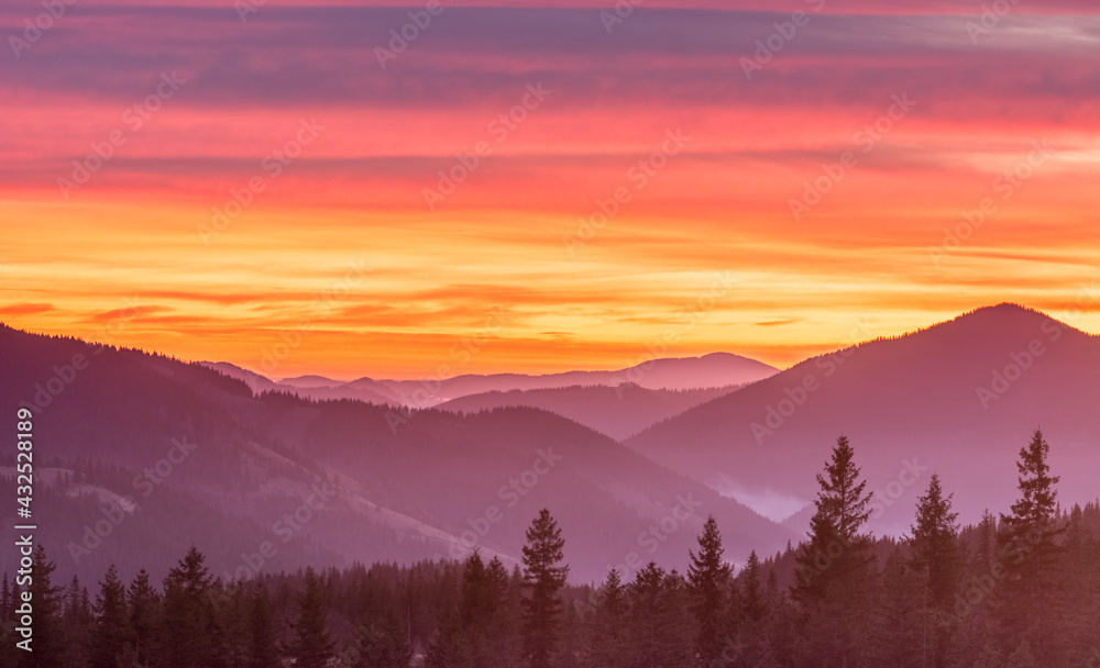 magenta sunset sunrise in Carpathian mountains