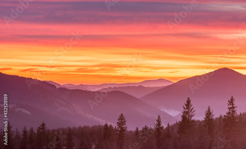 magenta sunset sunrise in Carpathian mountains