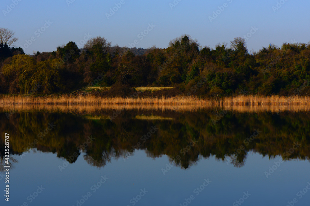 lake view in spring, reflections in the lake. Terkos lake.