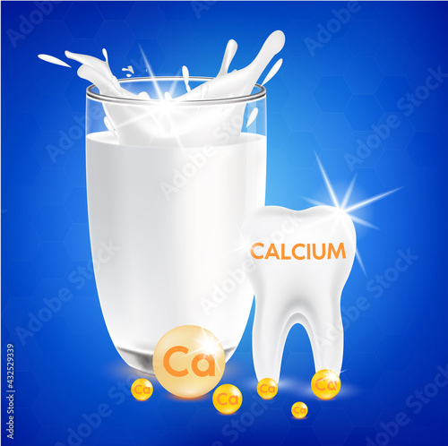 Calcium mineral gold. Glossy drop pill capsule Mineral and vitamin complex. Dietary supplement tooth, Medical or healthcare concept. 