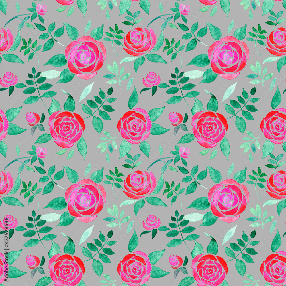 a seamless pattern of stylized watercolor flowers roses and leaves on a gray background a seamless pattern of stylized watercolor flowers roses and leaves on a gray background