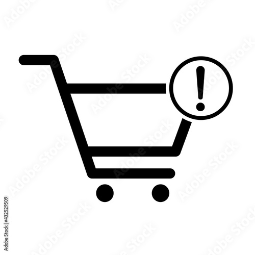 Shopping cart exclamation mark sale icon, market story shop vector illustration symbol isolated on white background