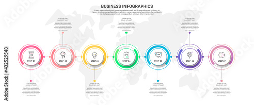 Modern and simple line vector illustration. Infographic template with seven circles, elements. Designed for timeline, web design, banner, levels, chart, interface 7 step diagrams
