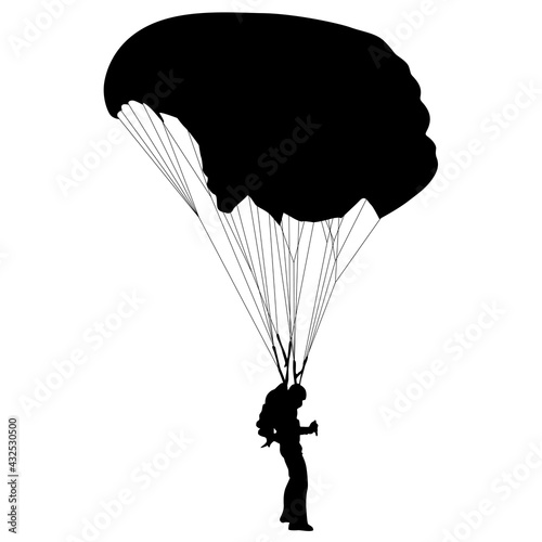 Skydiver, silhouettes parachuting on white background