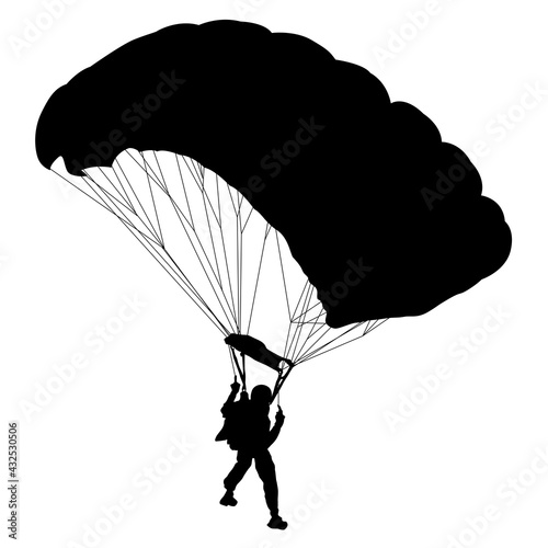 Skydiver, silhouettes parachuting on white background