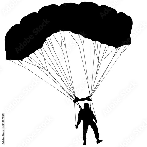 Skydiver, silhouettes parachuting on white background