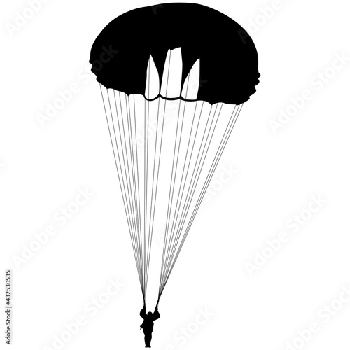Skydiver, silhouettes parachuting on white background