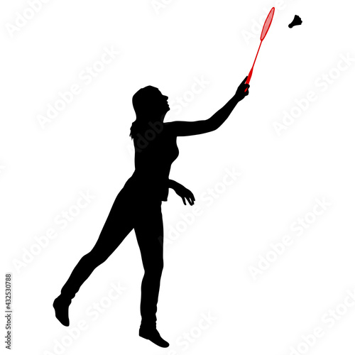 Black silhouette of female badminton player on white background