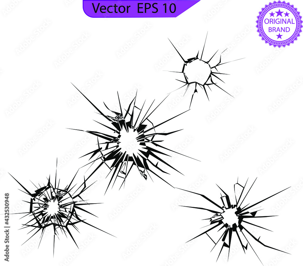 Broken glass, cracks, bullet marks on glass. High resolution. Texture glass with black hole. You can easy change colors or sizes.