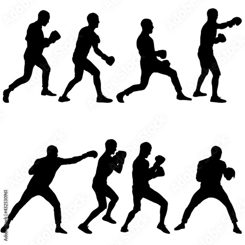 Black set silhouette of an athlete boxer on a white background