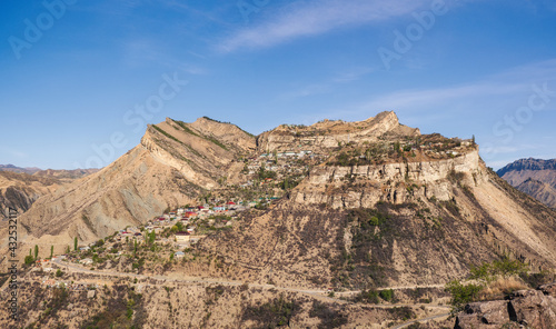 Gunib highland village placed on a mountain plateau in Caucasus Mountains. Alpine village Gunib. Republic of Dagestan  Russia