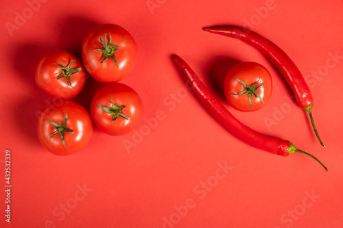 Juicy red vegetables tomatoes and chili peppers on a bright red background. Kitchen. background for restaurant. tomato sprig.