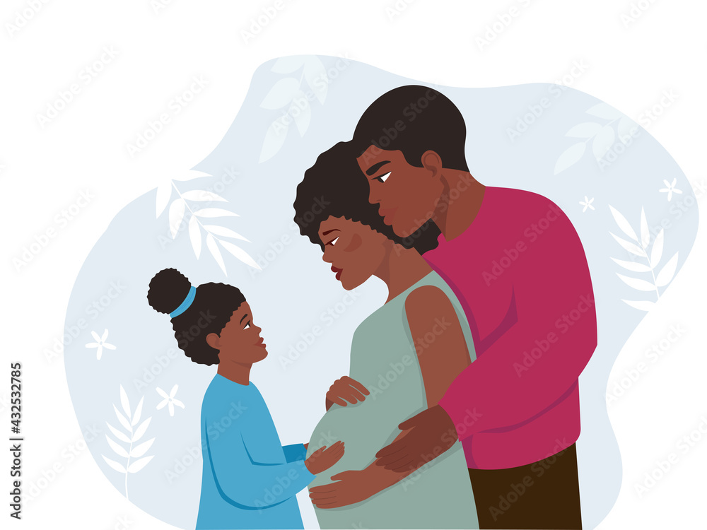 A happy African-American black family expecting baby. A mother with large pregnant belly, who is hugged by father and daughter. Portrait in profile. The concept of motherhood, love, care,  support. 