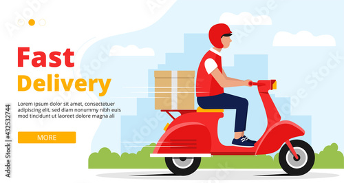 
Fast delivery web banner. Male courier riding red retro scooter with delivery paper box. City background. Flat style vector illustration. Delivery service, online order or food delivery web site. 

