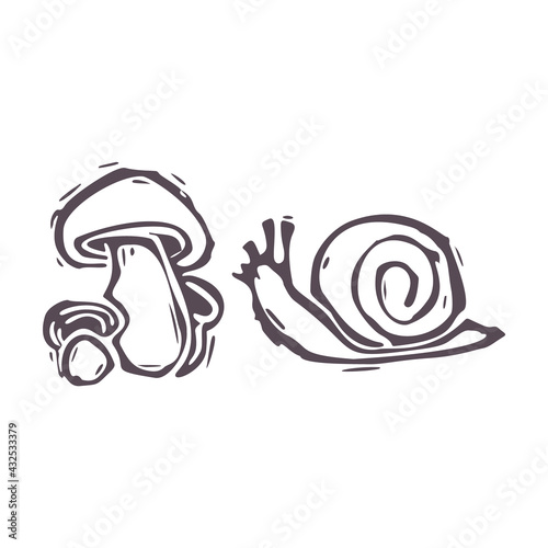 Hand carved bold block print snail and mushroom icon clip art. Folk illustration design element. Modern boho decorative linocut. Ethnic muted natural tones. Isolated rustic vector motif. 
