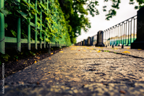 Rainy autumn day in the city, an alley in the park running along the embankment. Close up view from the level of granite pavement