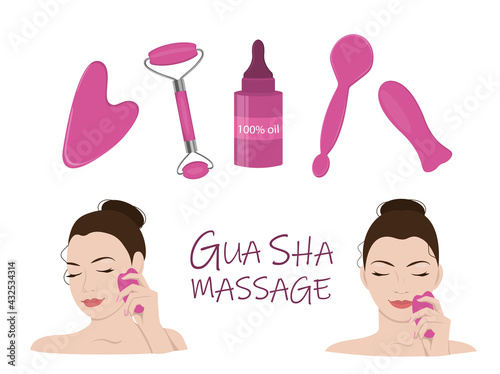 The girl's face is in two versions with a tool in her hand for Gouache massage. Set of tools for facial massage. A design element. EPS10.
