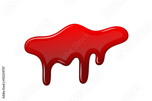 Blood drip 3d. Halloween bloodstain isolated white background. Splatter stain. Horror drop flow. Red scare ink. Blot texture. Colorful splash. Stream bleeding. Flowing liquid Vector illustration