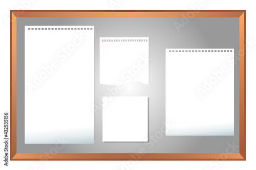 Wooden pinboard, Items pinned to a cork message board with wooden frame, white stick note. white papers on white pinboard for text and background. white notice board vector. 