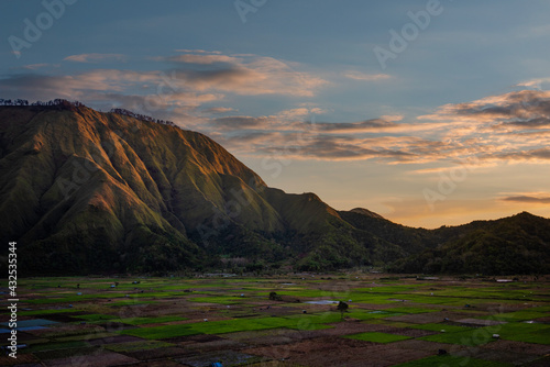 Sembalun Village from Above, Lombok, West Nusa Tenggara, Indonesia. Sembalun Village is located around Rinjani Mountain