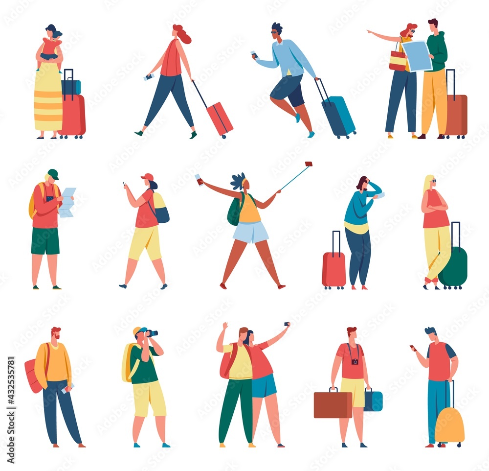 People traveling. Man and woman with backpacks, suitcases. Tourists taking photo, travelers reading map. Summer vacation, tourism activity vector set. Female and male characters with luggage