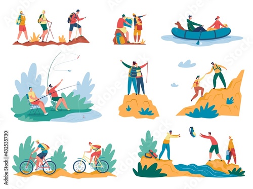 Hiking activity. Tourists walking with backpack, climbing mountains, riding bikes, fishing. Summer vacation outdoor activity or adventure vector set. Seasonal recreation, trip on nature
