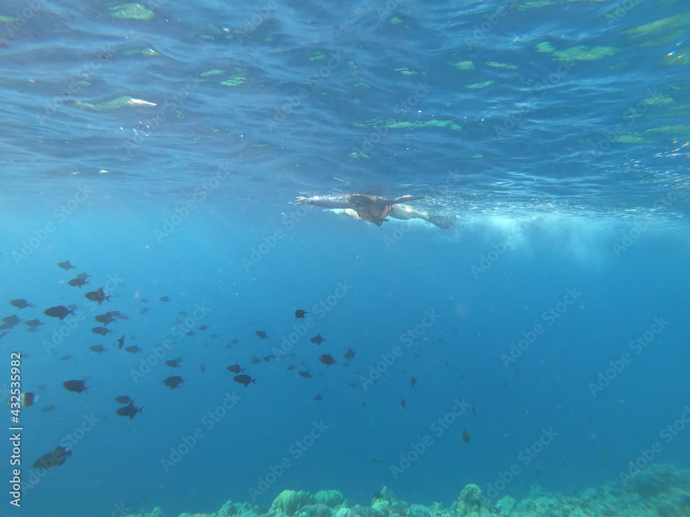 Fototapeta premium Silhouette of scuba diver and sunlight in the blue water