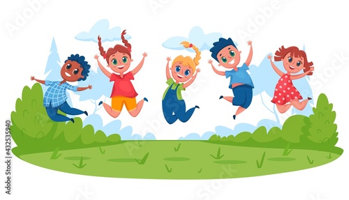 Kids jumping on meadow. Happy children having fun outside in summer. Boys and girls playing together. Outdoor activity cartoon vector illustration. Cheerful characters spend time on nature
