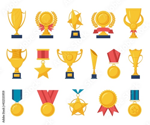 Golden reward. Gold trophy cups, champion medals, laurel wreath awards, sport game winner rewards with red ribbon. Cartoon award vector set. Winning in championship, contest or tournament